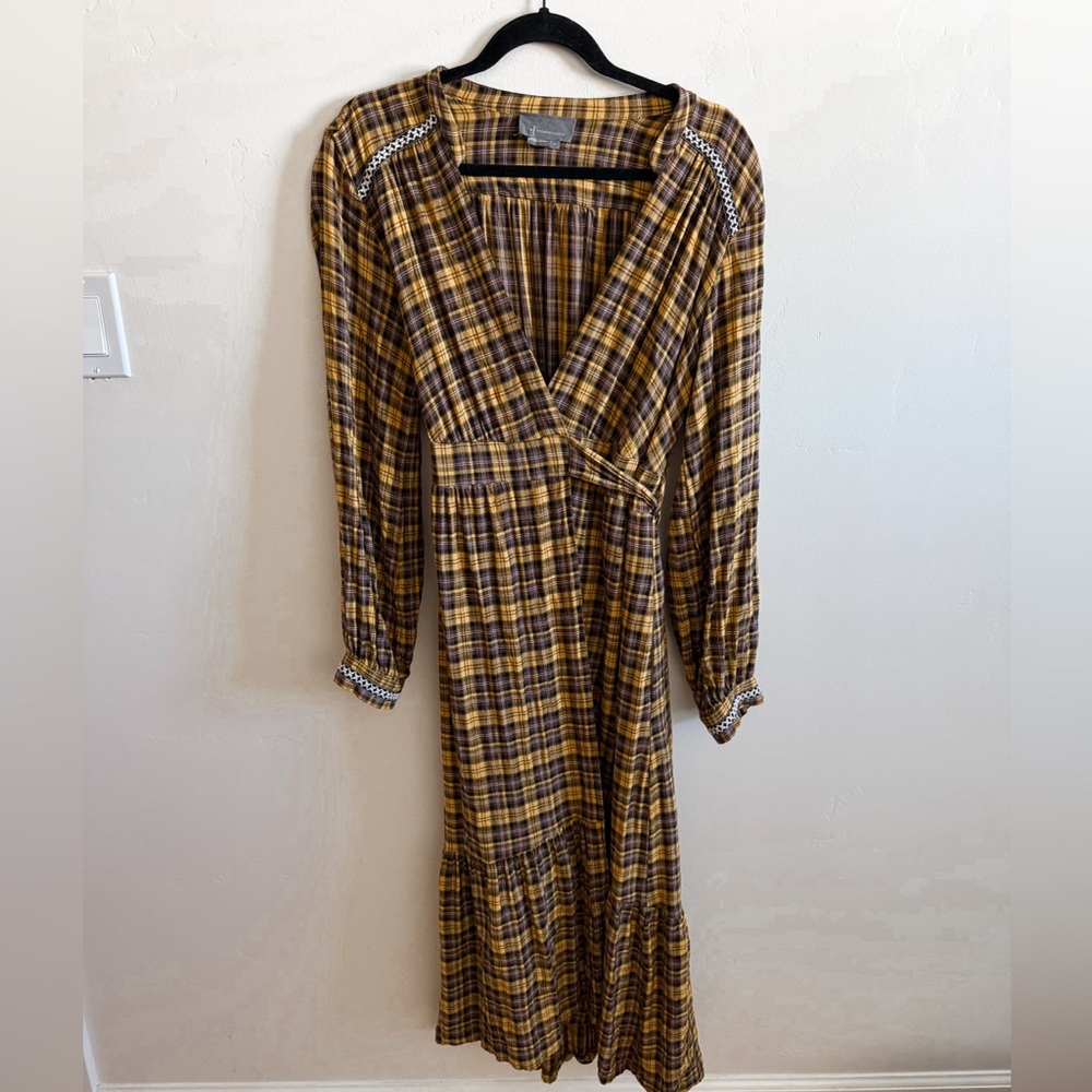 Anthropologie Dalton Wrap Maxi yellow Brown Plaid Long Sleeve Dress